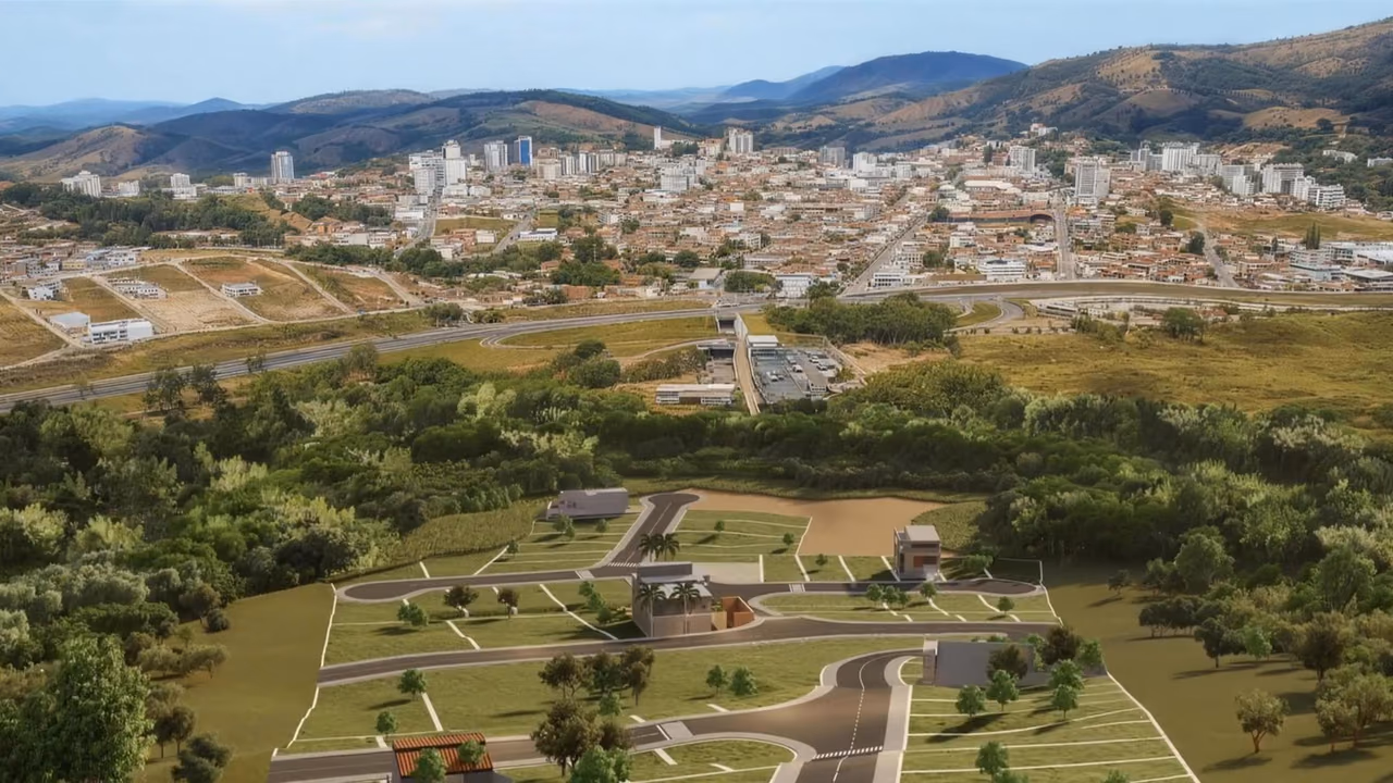 Vista aérea do Residencial Vista Real: o bairro planejado, com vias, lotes e áreas verdes